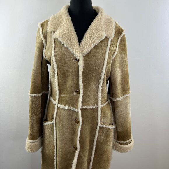 SUNDANCE Tan Suede Leather Sherpa Shearling Long Midi Coat Jacket Collar 12 - Picture 3 of 9